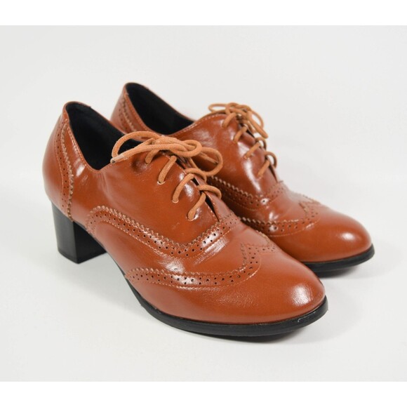 Odema Brown Faux Leather Oxford Wingtip Brogue Heels Booties Shoes Sz 38 - Picture 1 of 8